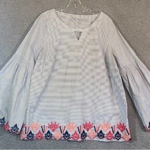Crown and Ivy Top Flared Sleeves, White&Blue Stripes w/Embroidery 100% Cotton XL